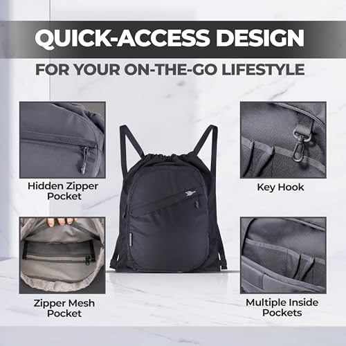 Image of Sports Drawstring Backpack, Waterproof Gym Cinch Bag - Black | Waterproof Fabric For Everyday Use, Thick Shoulder Straps For Comfort, Organizer Pocket For Essentials