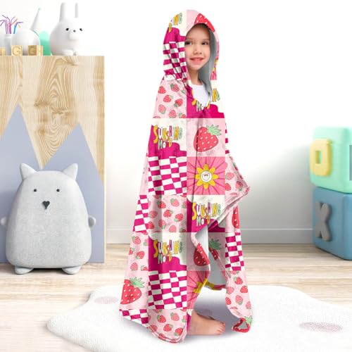 Image of Fruits Girls Beach Towel with Hoodie for Kids Toddlers Age 4-8, Pink Yellow Bath Towels Shower Wrap for Girls, Hooded Poncho Beach Blanket for Pool Swimming Cute Wearable Bath Towel for Child