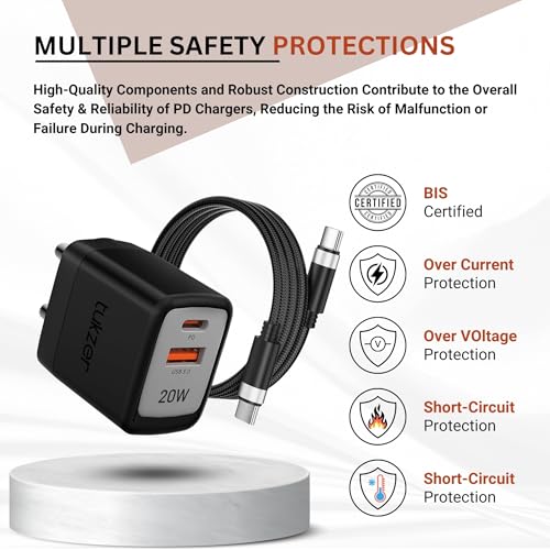 Image of Tukzer 20W Dual Port GaN3 Ultra 2X Faster Charger(Type C PD3.0 & USB QC3.0) with Type C Cable Adapter for iPhone 16 /16 Plus /16 Pro /Max,15 /15 Plus /15 Pro /Max, 14 /13 /12,Samsung, Type-C Port Laptops-BLK