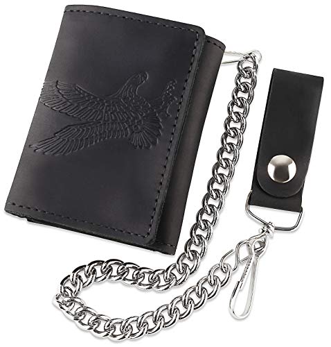 Image of RFID Blocking Men's Tri-fold Vintage Biker Cowhide Leather Steel Chain Wallet,Snap closure, Made In USA,tc315-42 eagle,black