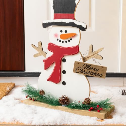 Image of Glitzhome 36.75 inch H Lighted Christmas Snowman Porch Sign,Whimsical Wooden Porch Decor with Illuminated Street Lamp & Timer,Merry Christmas Sign for Holiday Front Porch Outdoor Decorations