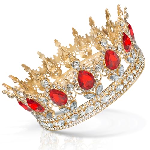 Coco Berming Tiara Brillante, Redonda Completa Reina de Cristal para Bodas, Fiestas de Cumpleaños, Recuerdos Viajes, Festivales, Exposiciones (Rojo)