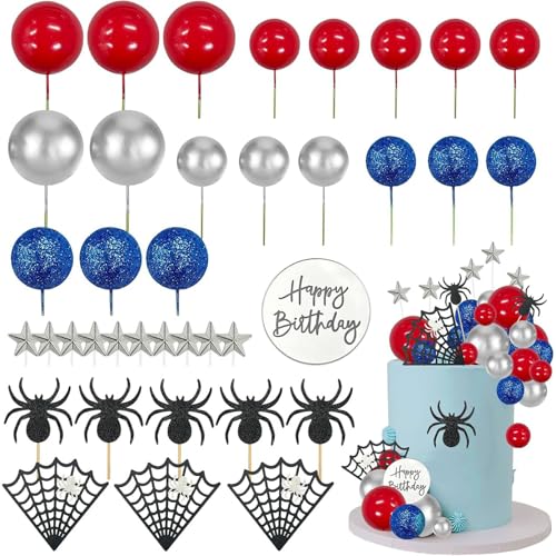 FOSDICK 37 peças Spider decoração bolos de aniversário, Spider decoração bolo, teias de aranha estrelas vermelho prateado azul bolas Cake Toppers, aranhas decoração de bolos para festa de aniversário