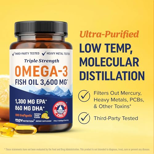 Triple Strength Omega 3 Fish Oil 3600 mg | EPA & DHA | Over 2100mg Omega-3 Fatty Acids | 1300mg EPA + 860mg DHA | Best Essential Fatty Acids | Premium Wild Caught & Burpless Fish Oil | 180 Ct - Image 6