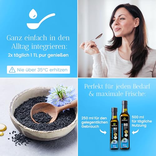 Kräuterland Bio Schwarzkümmelöl 500ml, gefiltert, ohne Zusatz von Aroma-, Farb- und Konservierungsstoffen, hoher Thymochinon, kaltgepresst, mühlenfrisch direkt aus unsrer hessischen Ölmühle