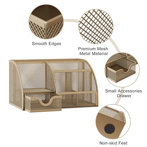 Image of EasyPAG Mesh Desk Organizer Office Supplies Caddy 6 Compartments with Drawer,Gold