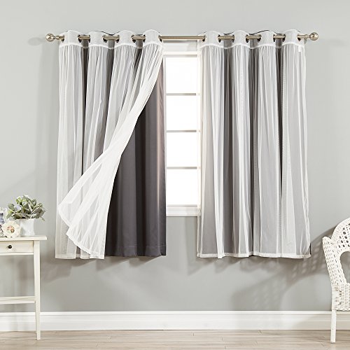 Best Home Fashion uMIXm Mix and Match Tulle Sheer Lace and Blackout 4 Piece Curtain Set – Stainless Steel Nickel Grommet Top – 2 sheers and 2 Blackout Panels – 52