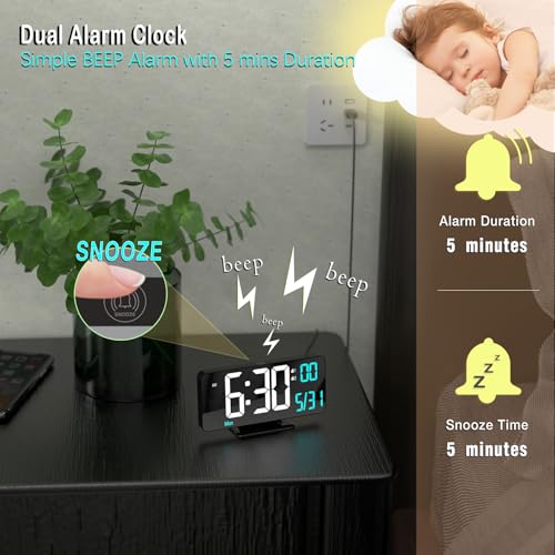 Image of KOSUMOSU Digital Alarm Clock 6.7in Black Clock for Bedroom, Dual Alarm, Date, Seconds,Day of Week,12 /24h,Dimming, Temp, Desk Clock, LED Clock for Living Room, Calendar Digital Clock