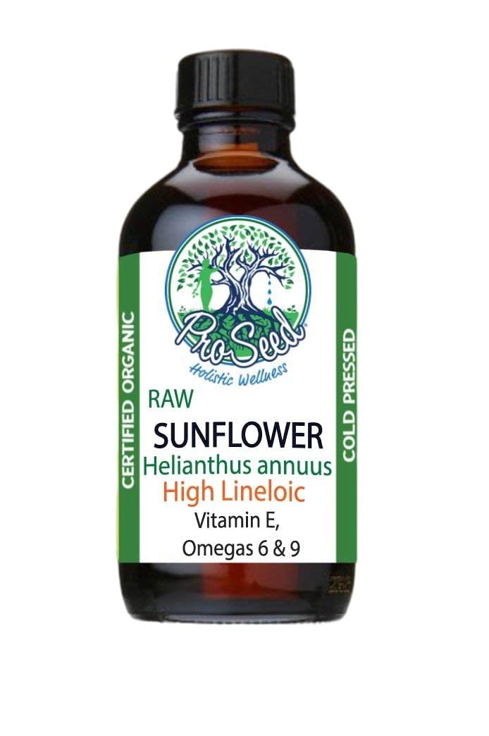 Aceite de semilla de girasol orgánico ProSeed, prensado en frío, hecho a mano, virgen sin refinar, de Helianthus annuus, para piel, cabello e hidratación, rico en vitamina E, Omega 6, 9, botella de vidrio ámbar de 4 oz