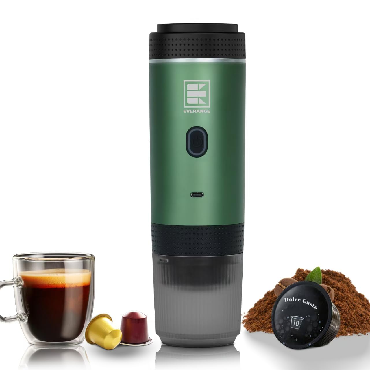EVERANGE Portable Electric Espresso Machine, Travel Coffee Maker for Camping, Car, RV & Hiking, Self-Heating with Type-C, Compatible with Ground Coffee & NS Capsules, Green