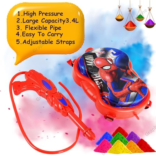 Image of GRAPHENE 3.4L Holi Pichkari Water Gun with 100 Balloons High Pressure Backpack Red Water Tank Pichkari Powerful Water Spray Pistol Gun for Kids Boys & Girls Summer Pool Party Water Pistol