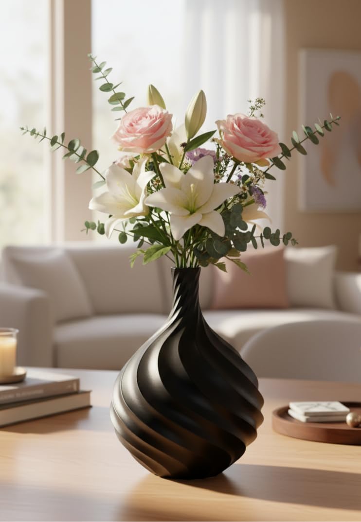 Modern Spiral Design Flower Vase, Black Plastic, 7 Inch x 5 Inch, Home Decor, Office, Living Room, Bedroom.-image-11