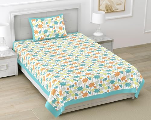 Image of DE CAMA Since 1997 | 100% Pure Cotton 300 TC Premium Single Bedsheet for Single Bed (60 x 90 Inch) with 1 Pillow Cover (17 x 27 Inch) | Luxury Designer Printed Bedsheet Set - Multicolour Lotus