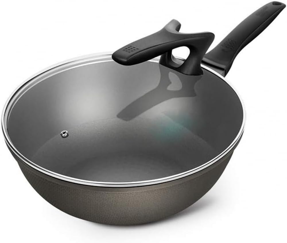 Wok in Lega di Alluminio con Supporto Coperchio in Vetro Wok Antiaderente Leggero per Saltare in Padella Manico ergonomico AntiGraffio 30 cm(30cm)