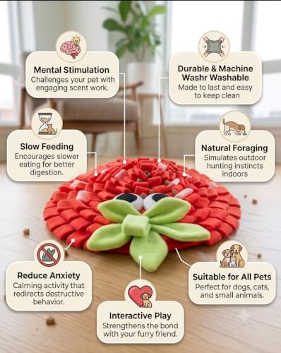 Image of Snuffle Mat for Dogs, Interactive Feeding Mat for Boredom and Slow Eating, Nosework Training Puzzle Toy for Dogs and Puppies, 18x32 CM, Travel Use (RED Strawberry)