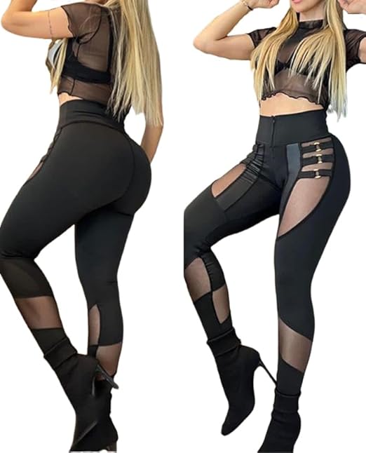 Pantalones deportivos casuales para mujer, diseño de anillo, malla transparente, con control de abdomen, leggings