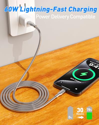 Image of Metal Braided USB-C to USB-C Cord Chew Proof - 6.6ft 60W PD Fast Charging & Data Sync, Stainless Steel Indestructible Tangle-Free Cat Dog Chew Proof Charger Cable for iPhone 17 16 Galaxy Pixel, Silver