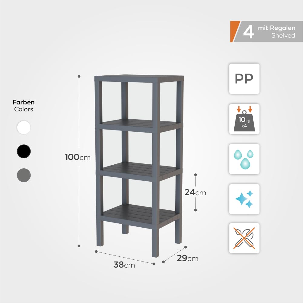 sugodesign Ombeg 4-stöckiges Regal, Weiß/Grau/Schwarz, Kunststoff, Rechteckig, Freistehend, Modern, Mehrzweck-Organizer für Bad, Küche, Wohnzimmer (weiß)