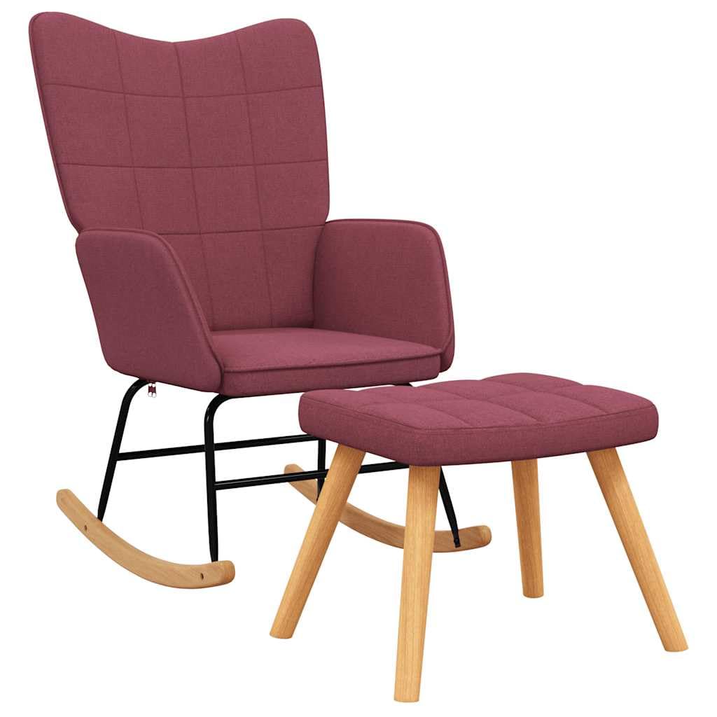 Mecedora con taburete de tela color burdeos – Sillón moderno relax con costuras cuadradas, acolchado de espuma y patines largos para mayor estabilidad, estructura de acero