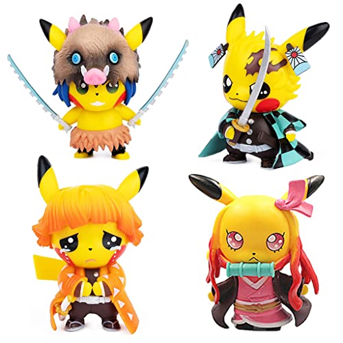 Image of PATPAT 4pcs Poke-mon Pi-Kachu x Demon Slayer Action Figures Desk Decoration PVC Poke-mon Pi-Kachu Figure Toy, 8-9cm, Christmast Gift Birthday Gift for Poke-mon Fans Kids Demon Slayer Lovers