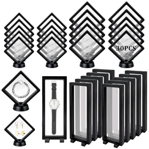 30 PCS Floating Display Case, Challenge Coin Display Stand, 3D Floating Frames Transparent PE Jewelry Storage Box for Medal, Medallion, Stamps(2.75x2.75in, 3.54x3.54in, 9.06x3.54in)