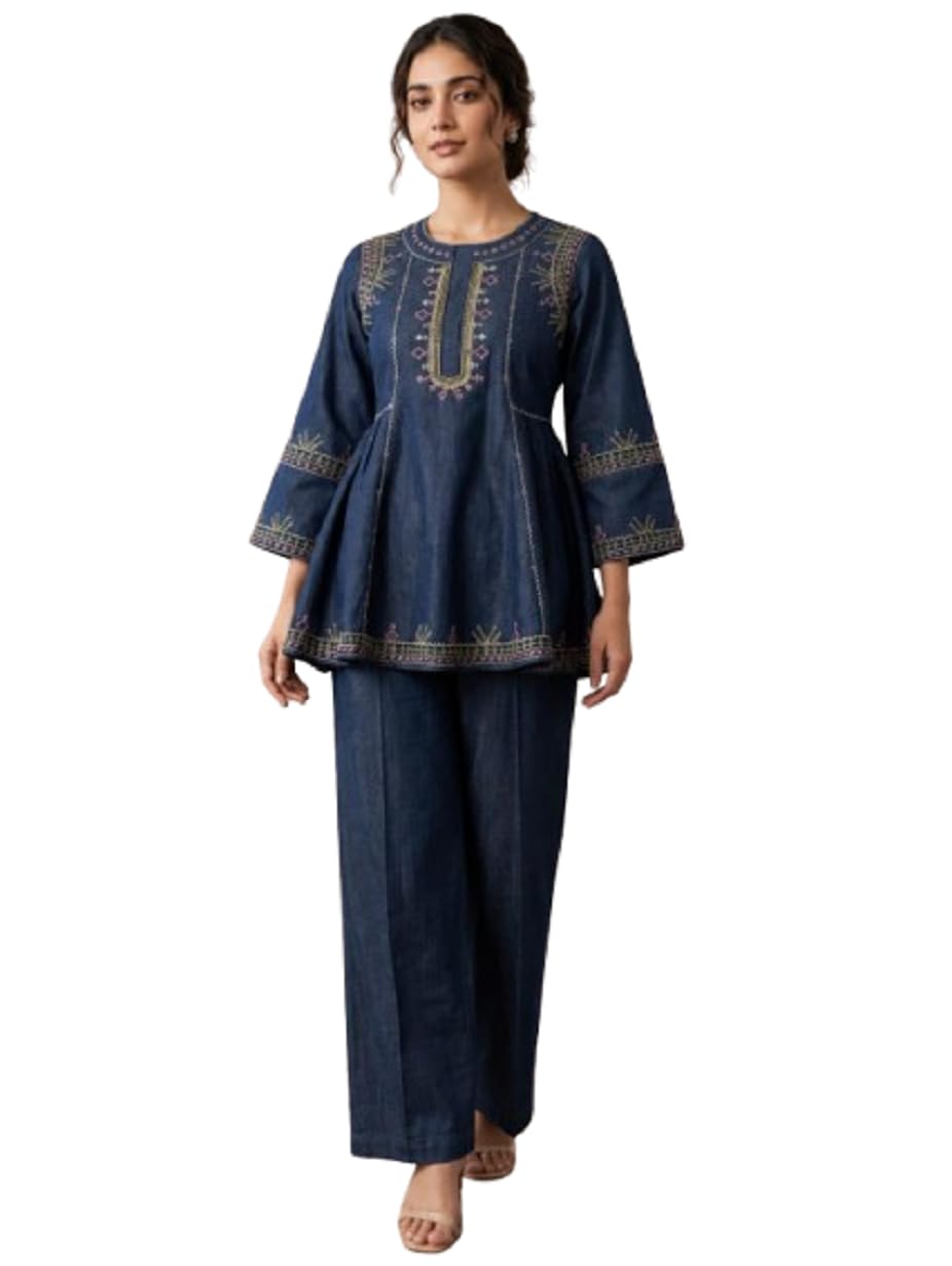 Stylish Denim Embroidered Cord/CO-ord Set for Women Breathable and Comfortable Dress Floral Pattern Top-Pant 3/4 Sleeves Perfect for casual and Occasional Look-picture-38