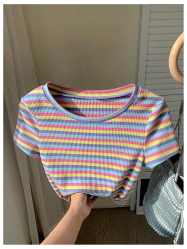 SweatyRocks Girl's Striped Color Block Tee Shirt Short Sleeve Round Neck Ribbed Knit Tee Tops4