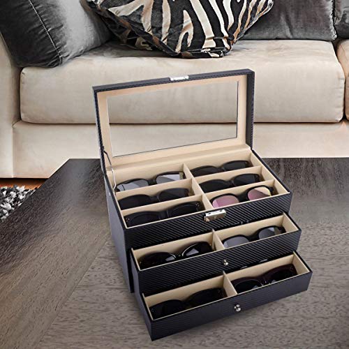 AUTOARK Carbon Fiber Leather 18 Piece Eyeglasses Storage and Sunglass Glasses Display Drawer Lockable Case Organizer,Black,AW-057