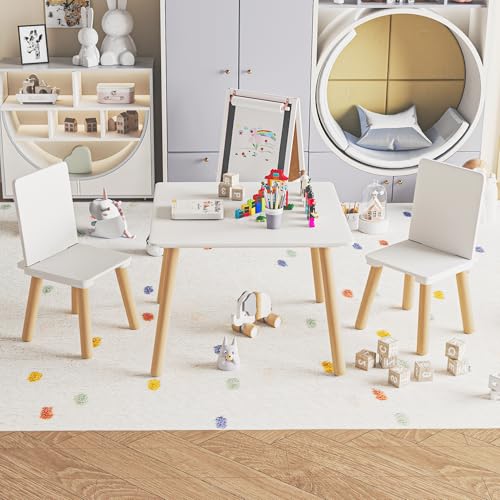 Image of Kids Table and 2 Chairs Set, 3 Pieces Toddler Table and Chair Set, Kids' Table & Chair Sets, Kid Play Table for Daycare, Classroom, Home (White)