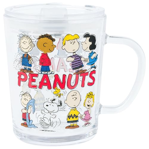 Silver Buffalo Peanuts Featuring Charlie Brown, Snoopy, Woodstock, Sally, Lucy, Linus, Schroeder, Franklin, and Pig-Pen Travel Glass Mug With Slide Close Lid and Handle, 14 Ounces