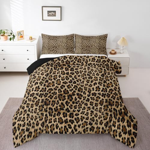 Image of Feelyou Kids Leopard Print Comforter Set Twin Size, Cowhide Bedding Set Boys Girls Brown Cow Fur Comforter Animal Duvet Insert Kids Room Decor 3Pcs