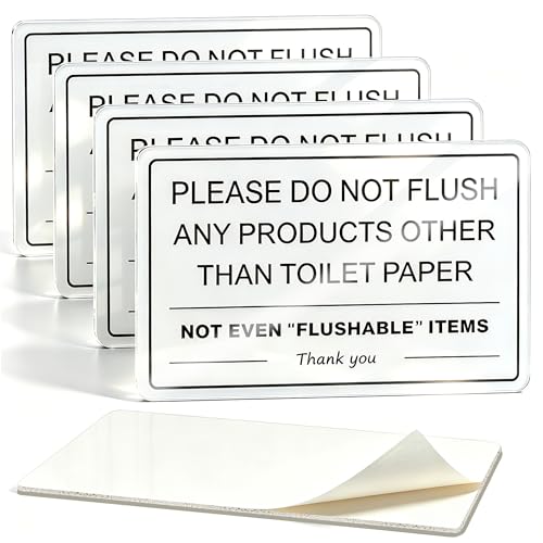 i-CowFun (4 Pack) Premium Self-adhesive Do Not Flush Sign for Bathroom 8.7 x 5.5 Durable Acrylic Do Not Flush Anything Except Toilet Paper Sign for Short-Term Rentals Guest Bathrooms Septic System Landlords