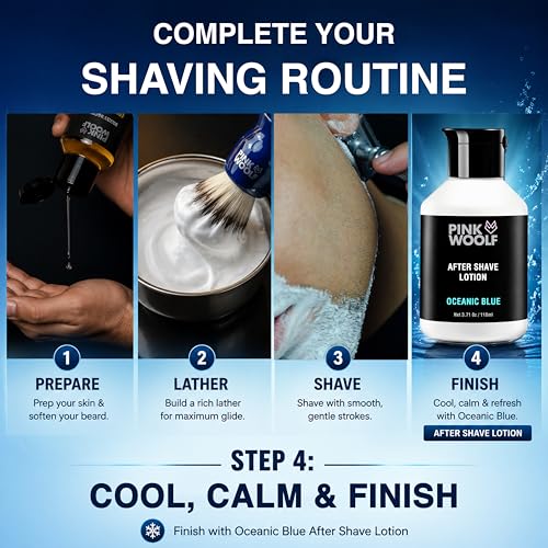 Image of PINK WOOLF After Shave Lotion for Men | Cooling Post-Shave Care for Oily Skin | Oceanic Blue | Alcohol-Free, Lightweight, Non-Greasy | Razor Burn Relief | 110ml