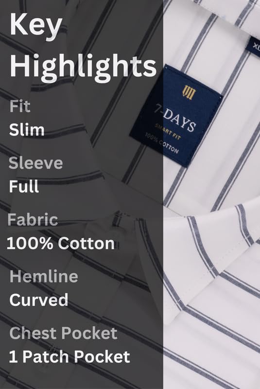 Image of 7-DAYS Men's Premium Striped Shirt - 100% Cotton, Tailored Fit (Between Slim & Regular), Full Sleeve, with Pocket - Smart Office & Casual Look