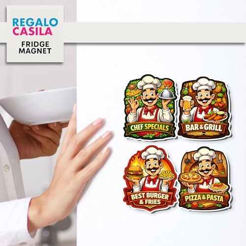 Image of Regalo Casila Chef Theme Fridge Magnets Set of 4 Food Lover Kitchen Decor Wooden Magnets Strong Refrigerator Stickers Bar Grill Burger Pizza Tourism Souvenir Gift