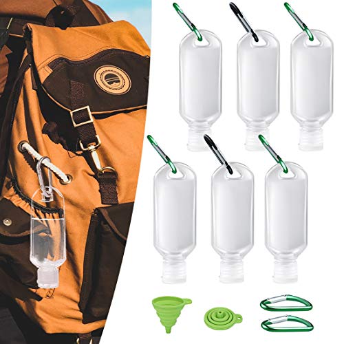 Urijk 6 Packs Keychain Bottle Portable Travel Bottles with Carabiner Flip Clips Hook Plastic Clear Empty Refillable Travel Leak-proof Bottles with Squeeze Containers Flip Cap 50ml / 1.7 oz