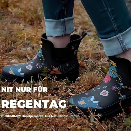 GUGUMIMI Kurz Gummistiefel Damen – Wasserdichte, Rutschfeste Gummistiefel für Regen, Schnee & Matsch, Bequeme Regenschuhe für Damen, Schwarze Blumen, 37 EU