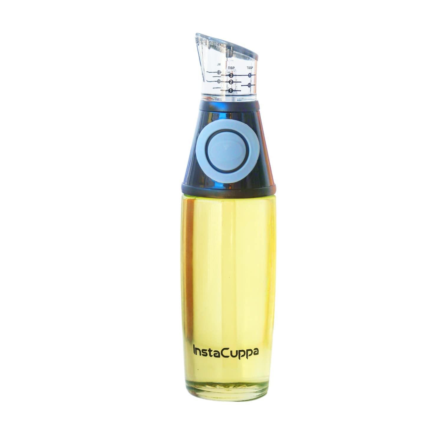 InstaCuppa Glass Oil Dispenser Bottle with Press, Measure & Pour for Precise Cooking & Baking, Non-Drip Easy Pour Spout for Dispensing Oil, Vinegar & SOYA Sauce, 500 ML, Transparent