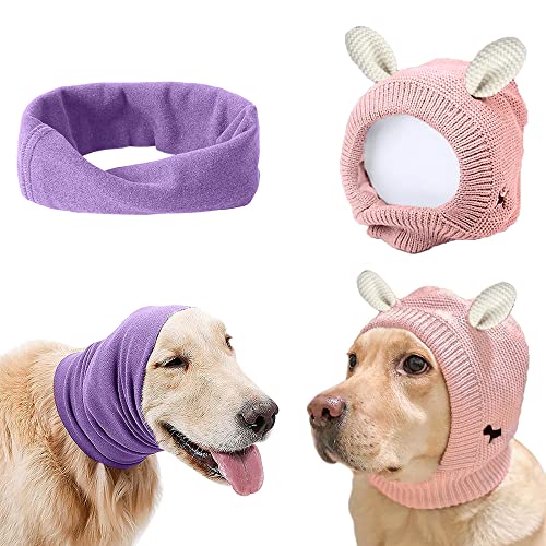Quiet Ears for Dogs Anxiety Barking - Dog Covers Muffs Snood for Noise 2PCS Hearing Earmuffs Fireworks Protection Anti Anxiety Hat for Medium to Large Dogs (Large, Purple & Pink)