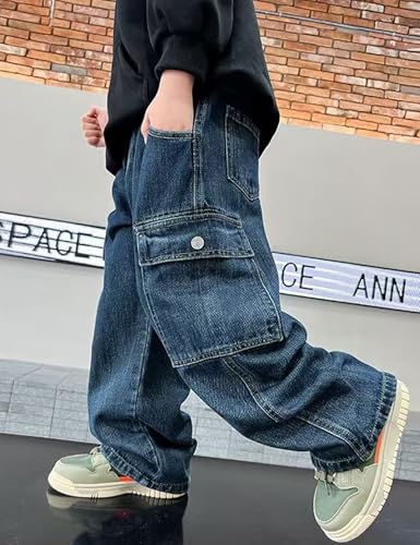 Boy's Baggy Jeans Y2k Elastic Waist Pull On Denim Pants Straight Wide Leg Jeans for Kids 6-14 Years2