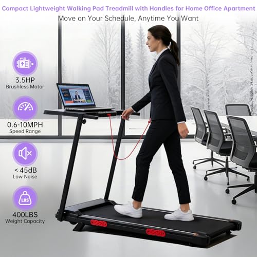 Image of Walking Pad Treadmill with Handle Bar, 3.0HP Portable Electric Treadmills for Home Exercising, 0.6-7.6MPH Mini Walking Pad Treadmill with Incline, Small Under Desk Treadmills for Home Small, 350LBS