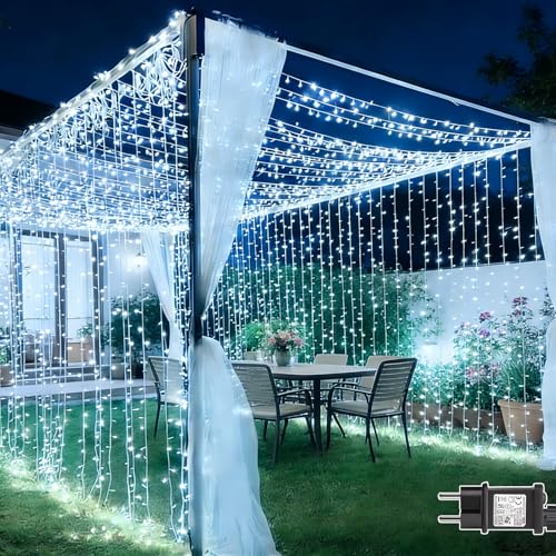 Dekofun Tenda Luminosa 6M x 3M 600 LED Luci a Tenda con Presa, Timer, 8 Modalità, Impermeabilità IP65 Cascata di Luci per Esterno Interno Casa Balcone Giardino MatrimonioTerrazzo - Bianco Freddo