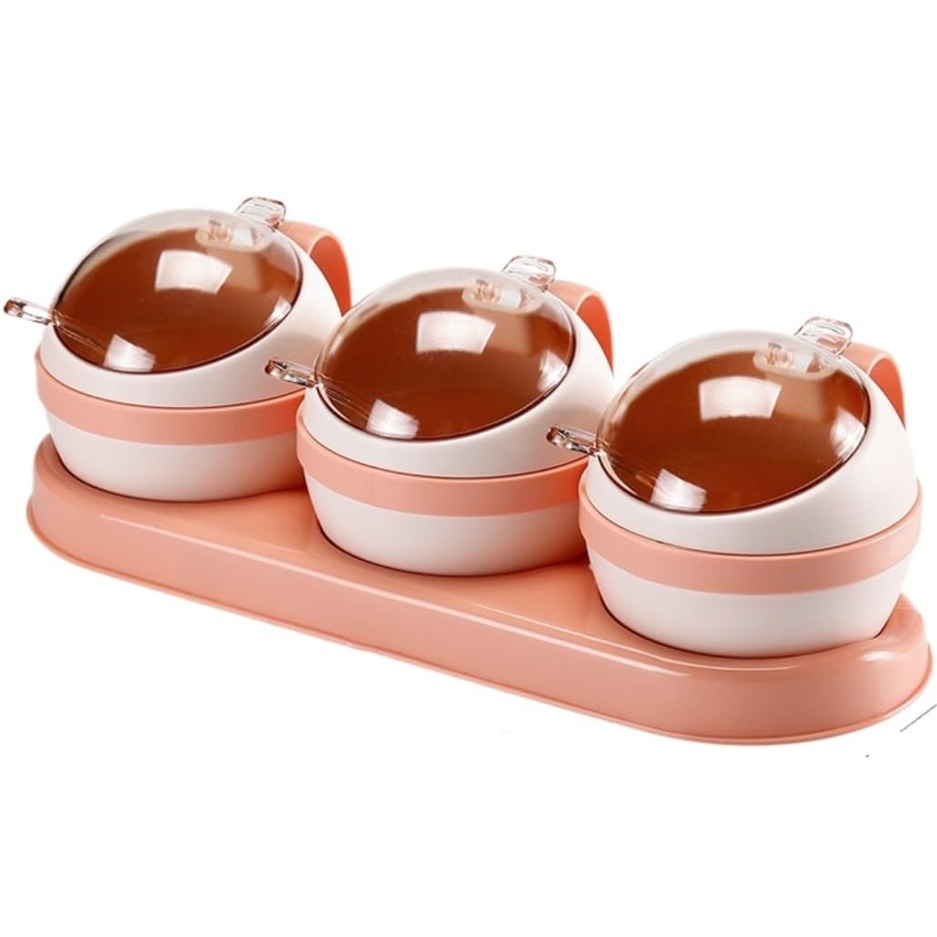AZHKJKZH Seasoning Box Set Plastic Seasoning Jar Set Spice Bottle Box With Spoons Lid For Kitchen Salt Sugar Jar(Pink,3Pieces)