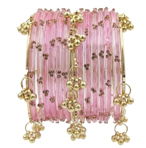 Image of NMII Viral Multi Colour Glass Bangles with Golden Ghungroo Charms & Stone Work For Women & Girls | Fancy Designer Glass Bangle | Traditional Chudi | Kanch Ki Churi | Stylish Ghungroo Bangle For Women