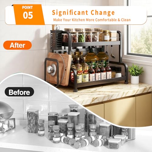Image of CoolLeaf Kitchen Organizer Rack Steel, ๐-๐๐ข๐๐ซ Spice Rack Organizer With Cutting Board Stand, Cutlery Holder & Hooks, Multipurpose Kitchen Rack Stand for Counter Top Organizer,๐๐ ๐๐ Load-Black
