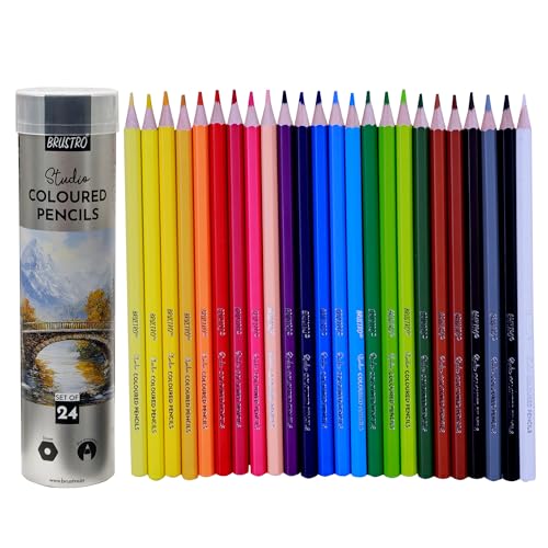 Image of BRUSTRO Studio Colour Pencil Set 24 in a Metal Tube | Break Resistant 3mm Lead,Easy to Blend,High Pigmented,Vibrant Colours,Non-Toxic,Pre-Sharpened | Sketching, Drawing, Portrait,students,kids
