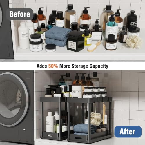 Image of LAXIS Under Sink Storage Organizer, 2 Tier Pull Out Cabinet Organizer with Sliding Drawer and Hooks, Adjustable Height Under Sink Organizer Rack for Storage Multipurpose, Black