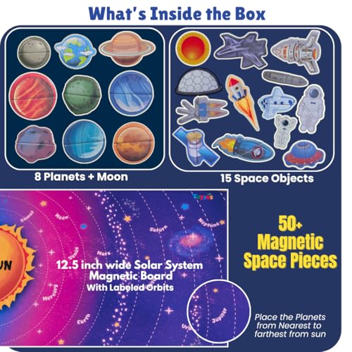 Image of Wooden Solar System Magnetic Puzzle for Kids | 50 Pieces Magnetic DIY Science Jigsaw with Board | Early Learning Games | Educational Toy for Boys and Girls (Multicolor, Ages 2-7 Years)