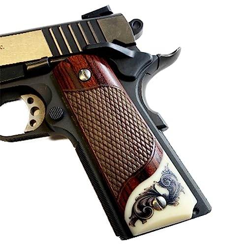 Premium Gun Grips Compatible Replacement For 1911 Colt Full Size Rosewood Grips W/Faux Scrimshaw Ivory Accent Bonus 4 Gold Screws #TOP1