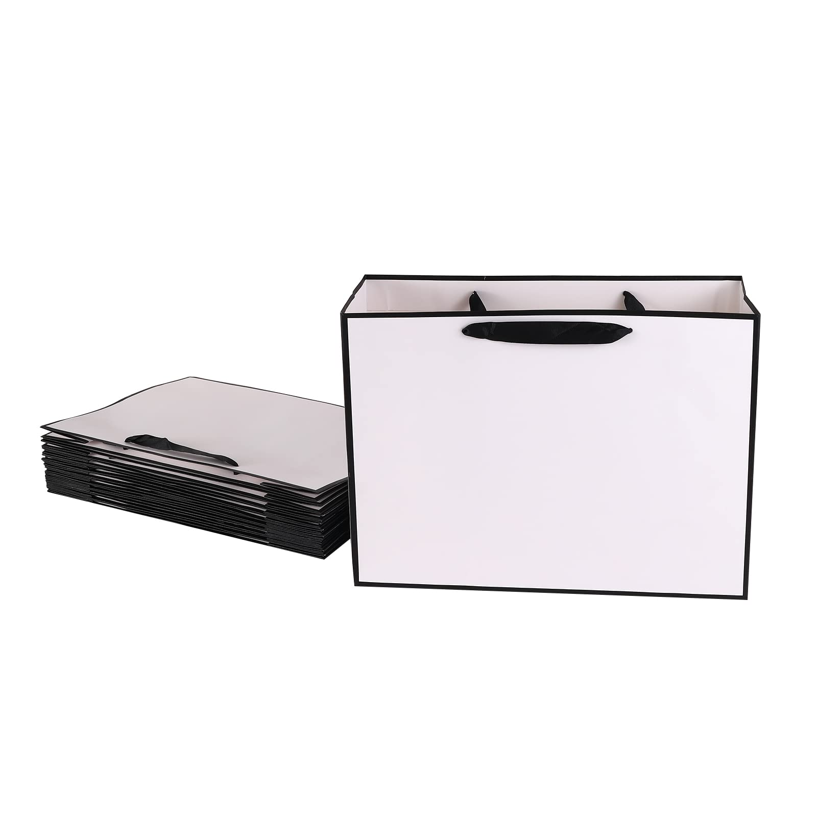 REDDOTGIFT® 10-Pack White with Black Border Gift Bags Shopping Bag Party Favor Bags with Grossgrain Ribbon Handle for Birthday Mother’s Day, Baby Shower Bridal Shower Wedding Gift (H26*L35*D13cm)